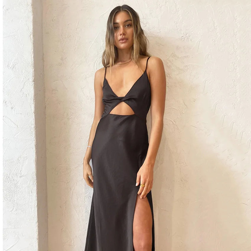 Satin Knot Hollow-out Straps Dress