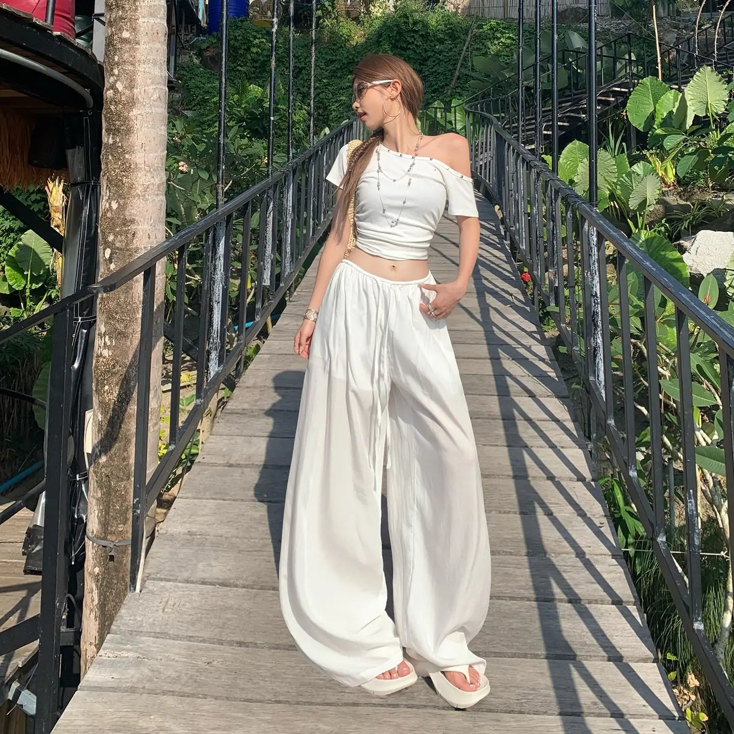 Draped Wide-Leg Beach Trousers