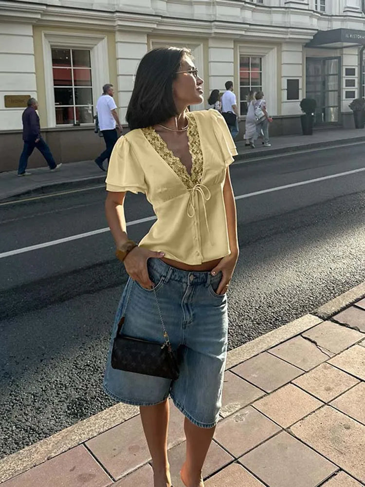Satin Lace-Neck Tee