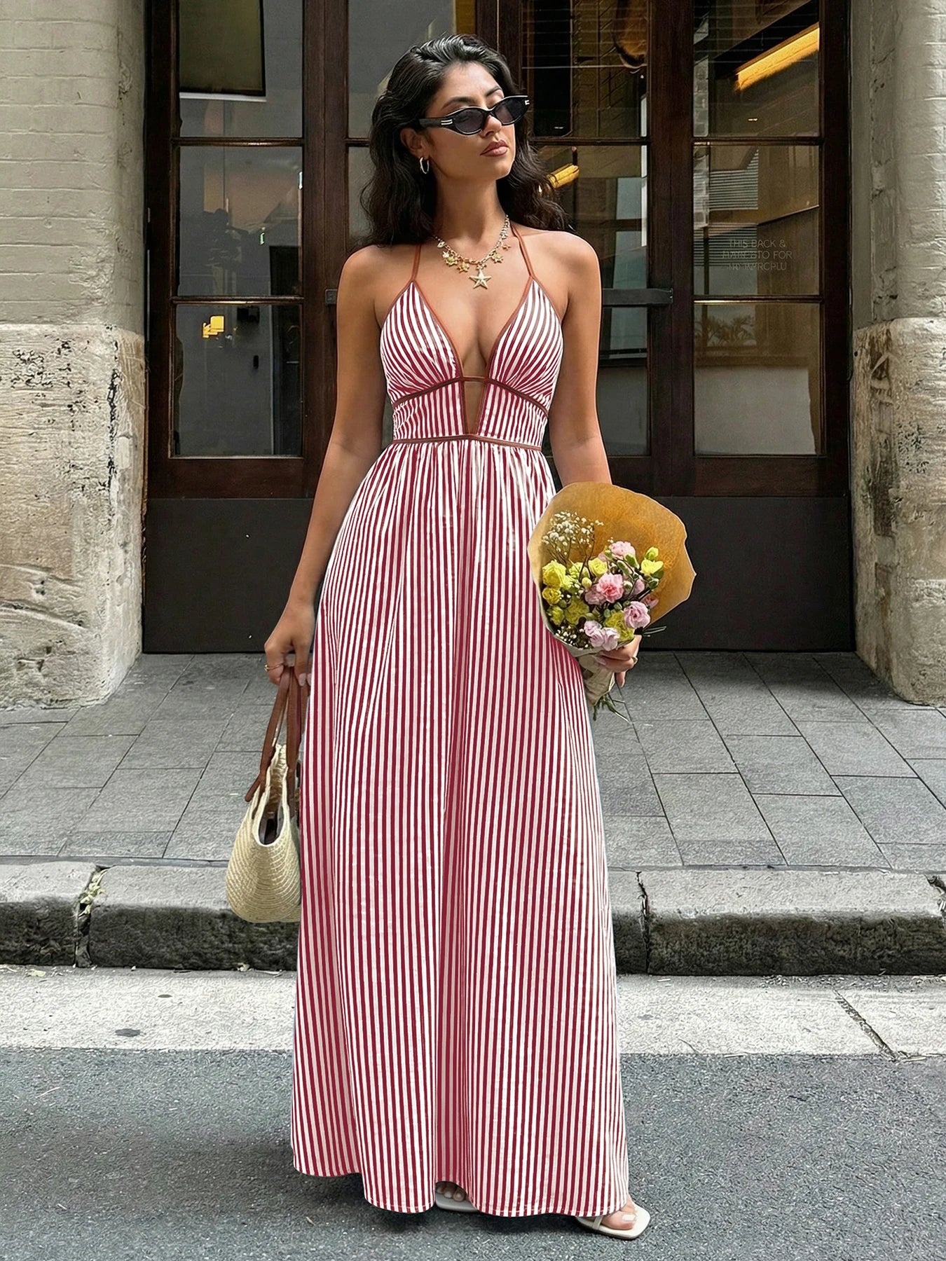Deep V-neck Striped Beach Dress