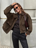 Brown Suede Lapel Zip-Up Jacket