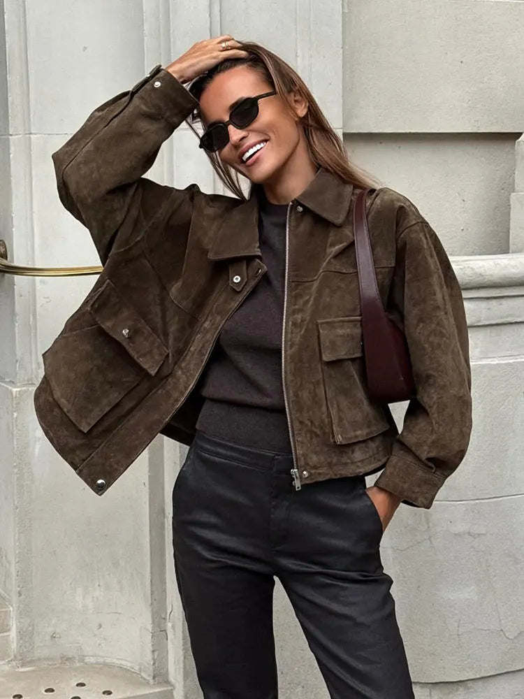 Brown Suede Lapel Zip-Up Jacket