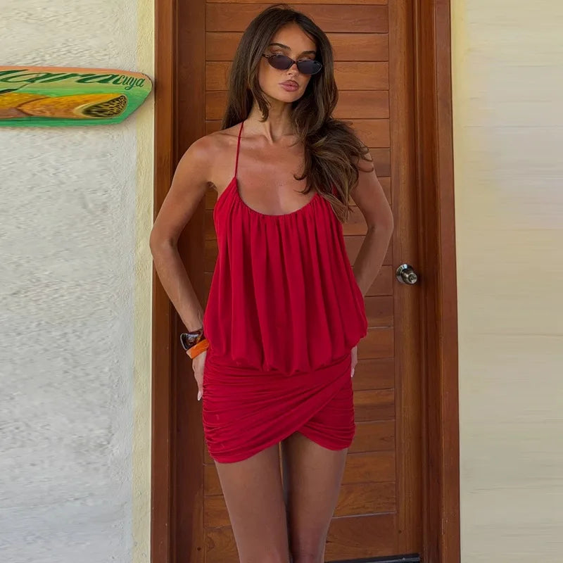 Backless Pleated Halter Mini Dress