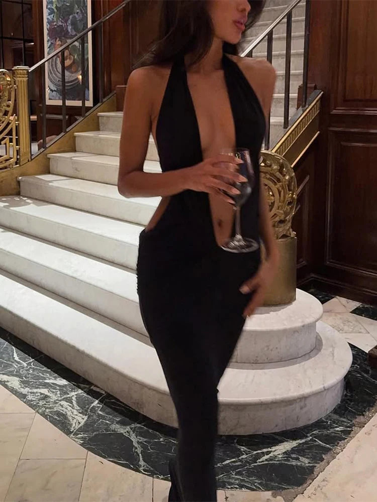 Halter Deep V-Neck Maxi Dress
