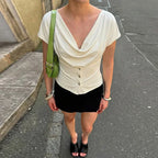 Front-Button Patchwork V-Neck T-Shirt