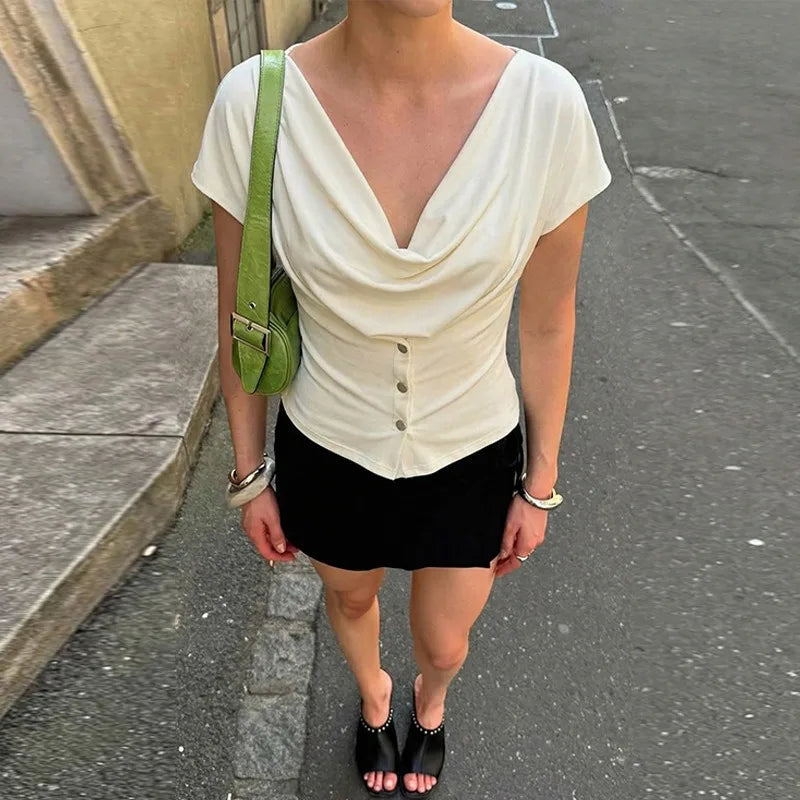 Front-Button Patchwork V-Neck T-Shirt