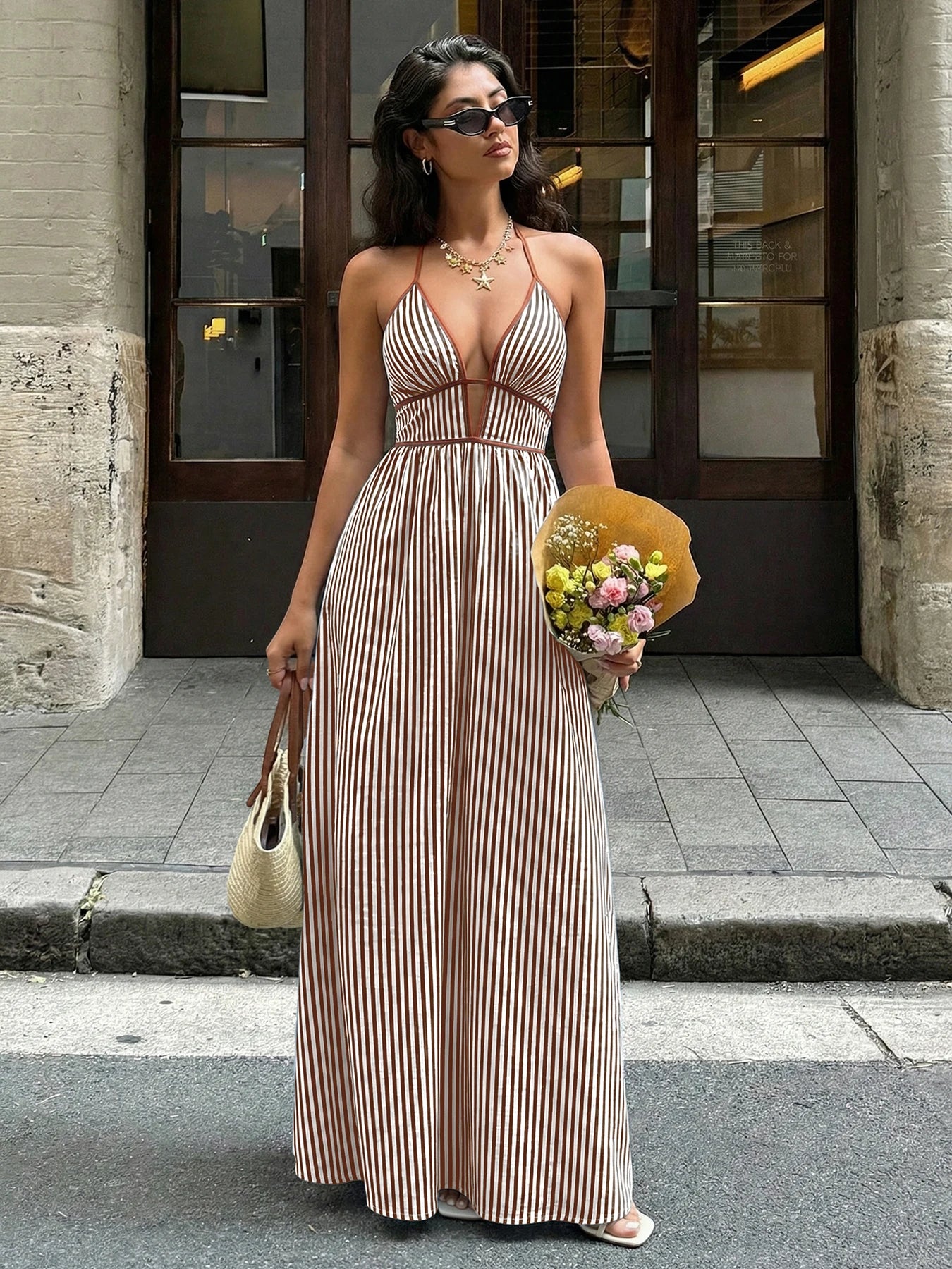 Deep V-neck Striped Beach Dress
