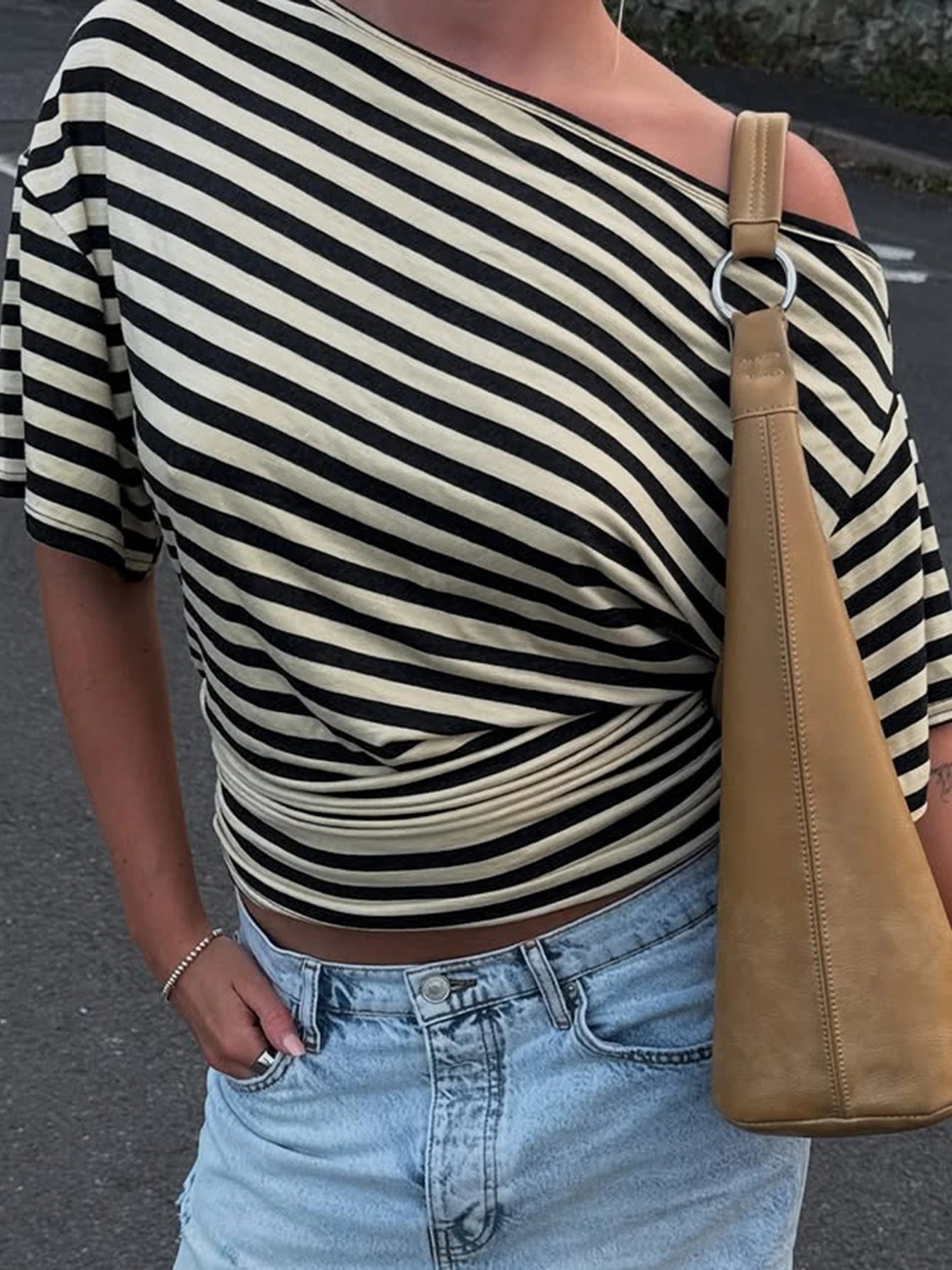 Inclined Shoulder Striped T-Shirt