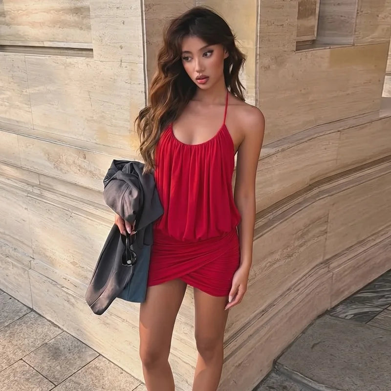 Backless Pleated Halter Mini Dress