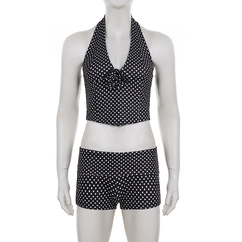 Polka Dot Floral Halter Shorts Set