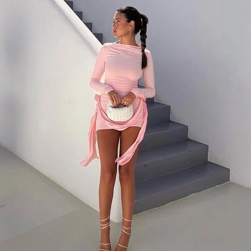 Floral-Applique Long-Sleeve Mini Dress