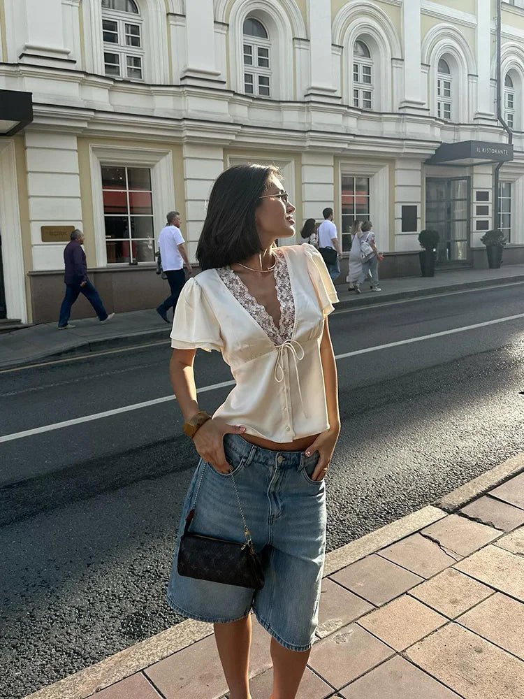 Satin Lace-Neck Tee