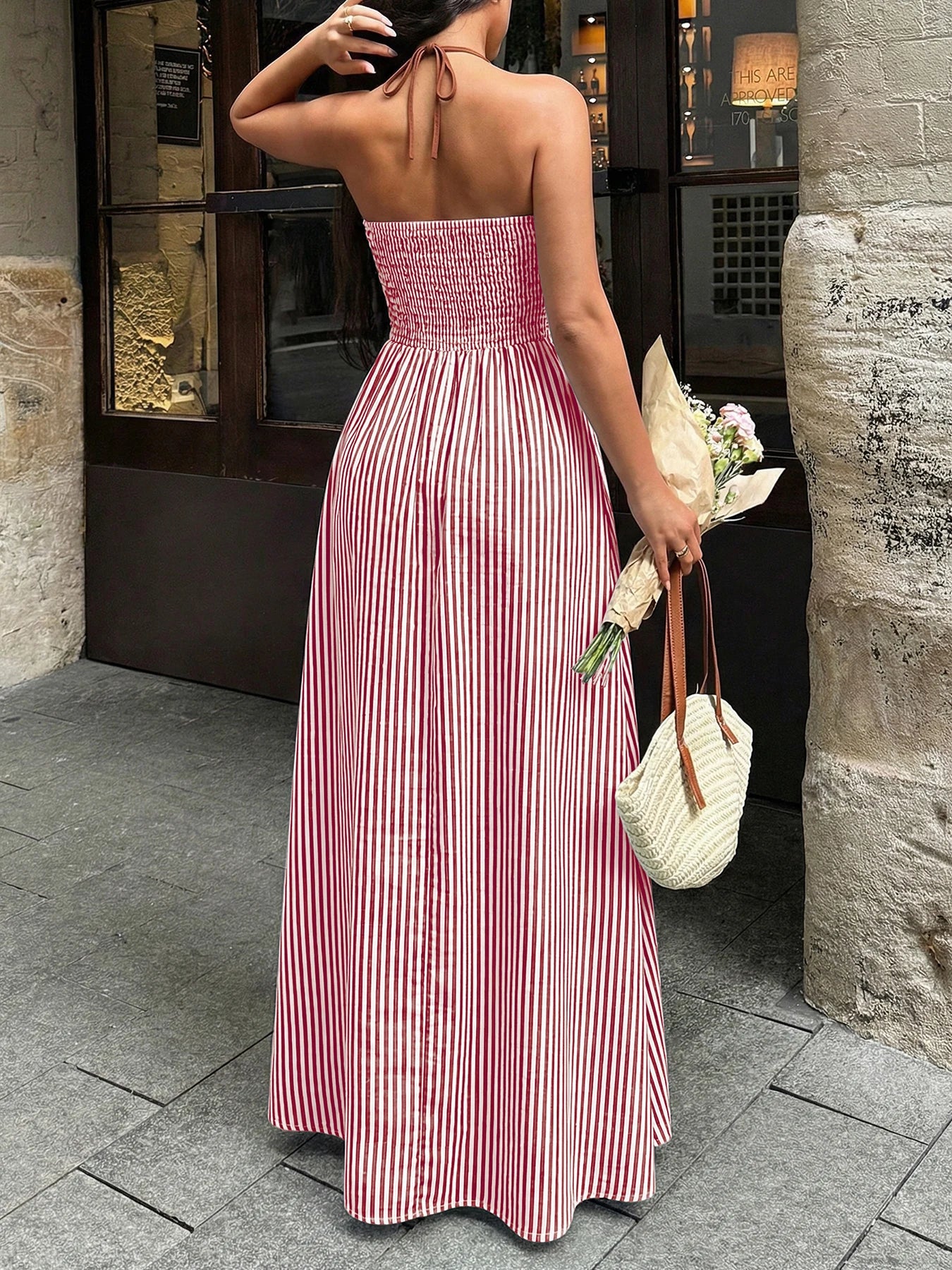 Deep V-neck Striped Beach Dress