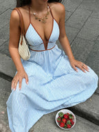 Deep V-neck Striped Beach Dress