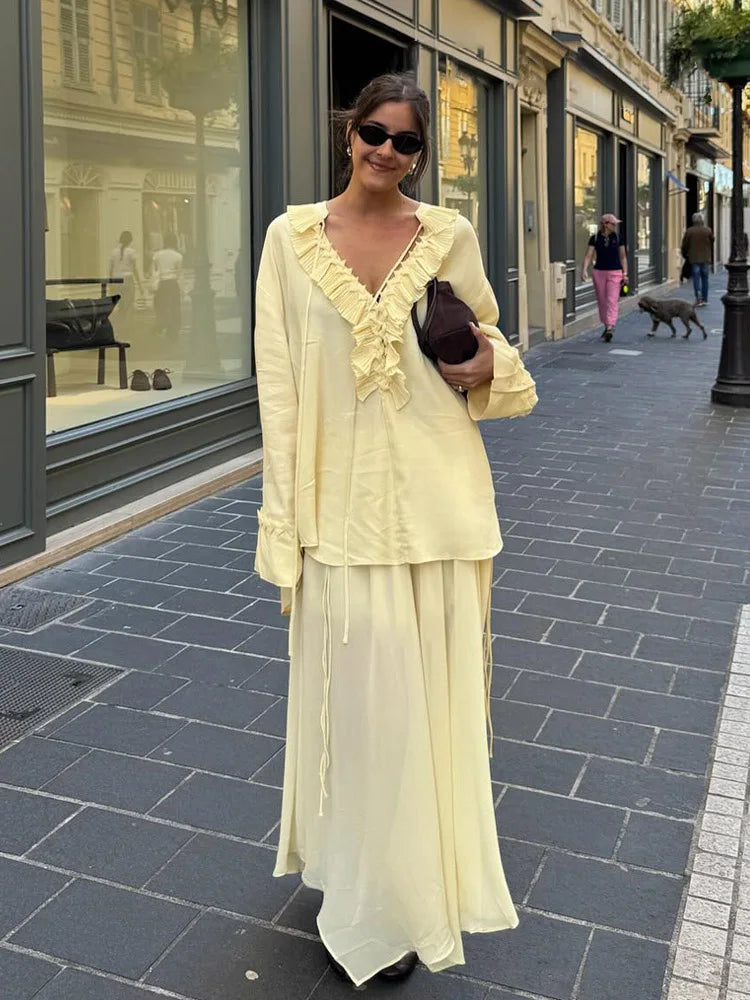 Yellow Lace & Pleated Co-Ord