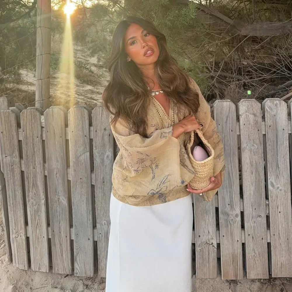 V Neck Long Sleeve Blouse