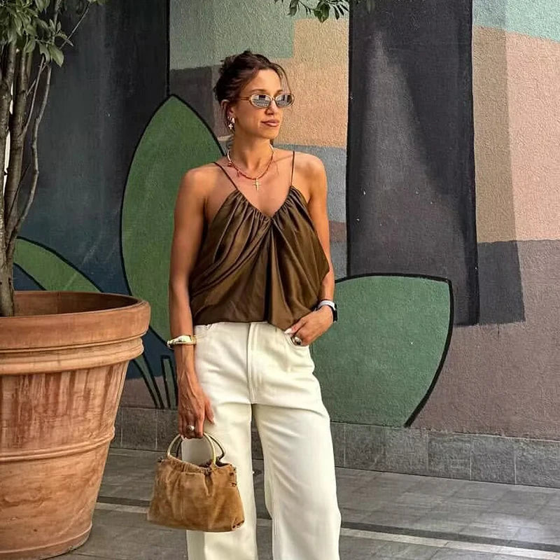 Satin Pleated V-Neck Crop Top