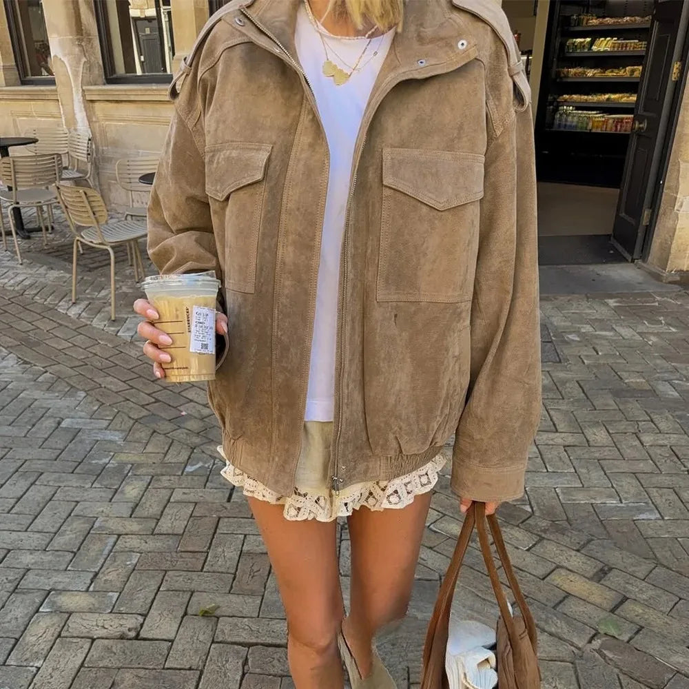 Straight-Cut Suede Bomber Jacket