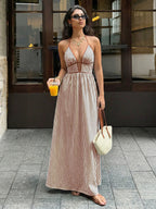 Deep V-neck Striped Beach Dress