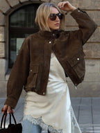 Brown Suede Lapel Zip-Up Jacket