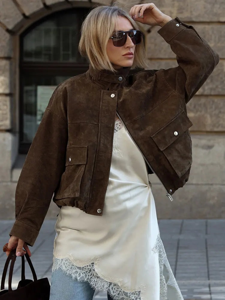 Brown Suede Lapel Zip-Up Jacket