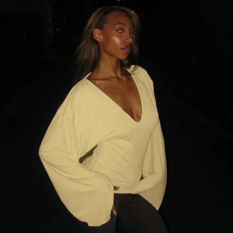 Deep V-Neck Flare-Sleeve Tee