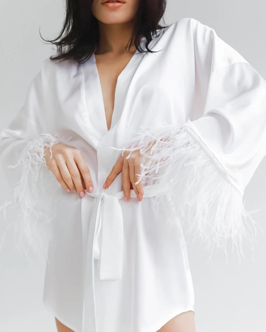 Feather Satin Mini Dress Robe