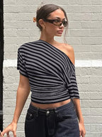 Inclined Shoulder Striped T-Shirt