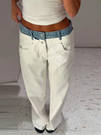Contrast Denim Waist Wide Jeans
