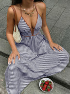 Deep V-neck Striped Beach Dress