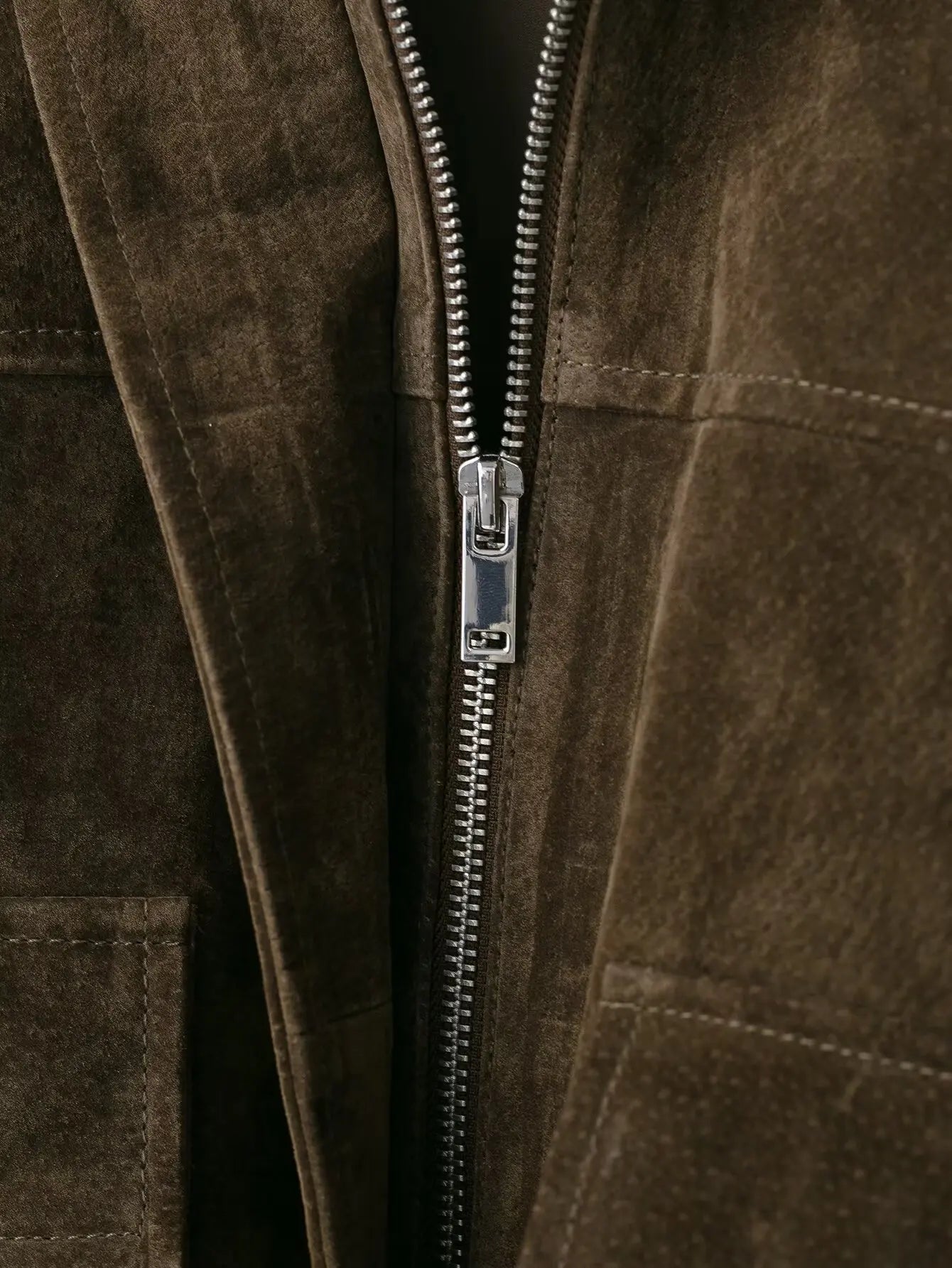 Brown Suede Lapel Zip-Up Jacket