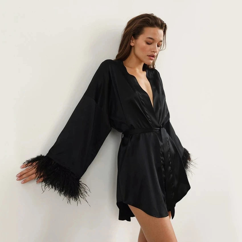 Feather Satin Mini Dress Robe