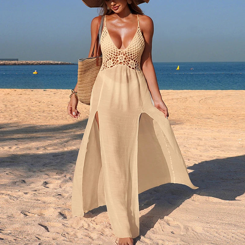 Sexy Patchwork Backless Tie Up Beach Cover-Up