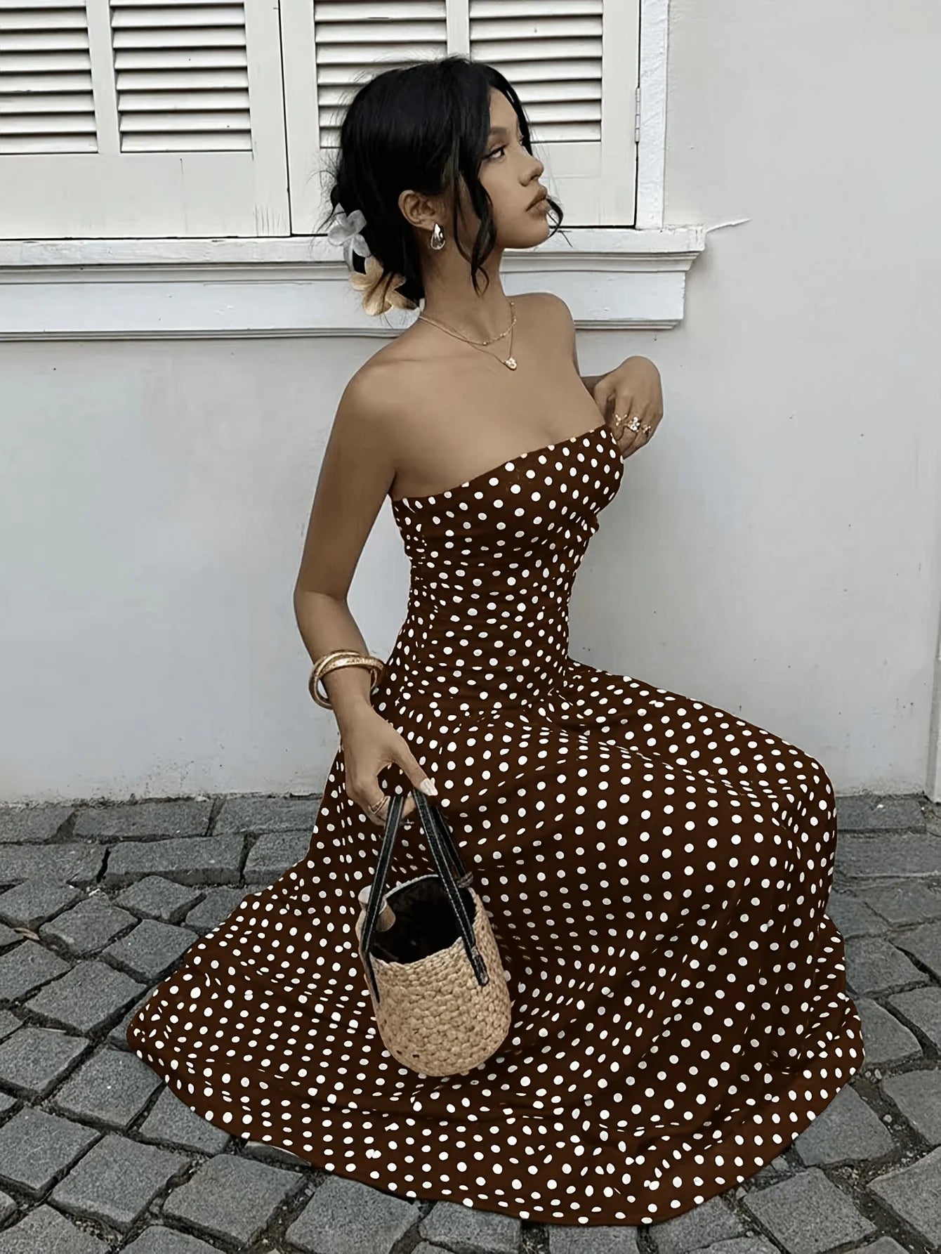 Polka Dot Long Brown Maxi Dress