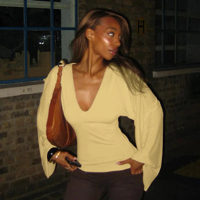 Deep V-Neck Flare-Sleeve Tee