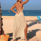 Sexy Patchwork Backless Tie Up Beach Cover-Up