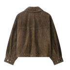 Brown Suede Lapel Zip-Up Jacket