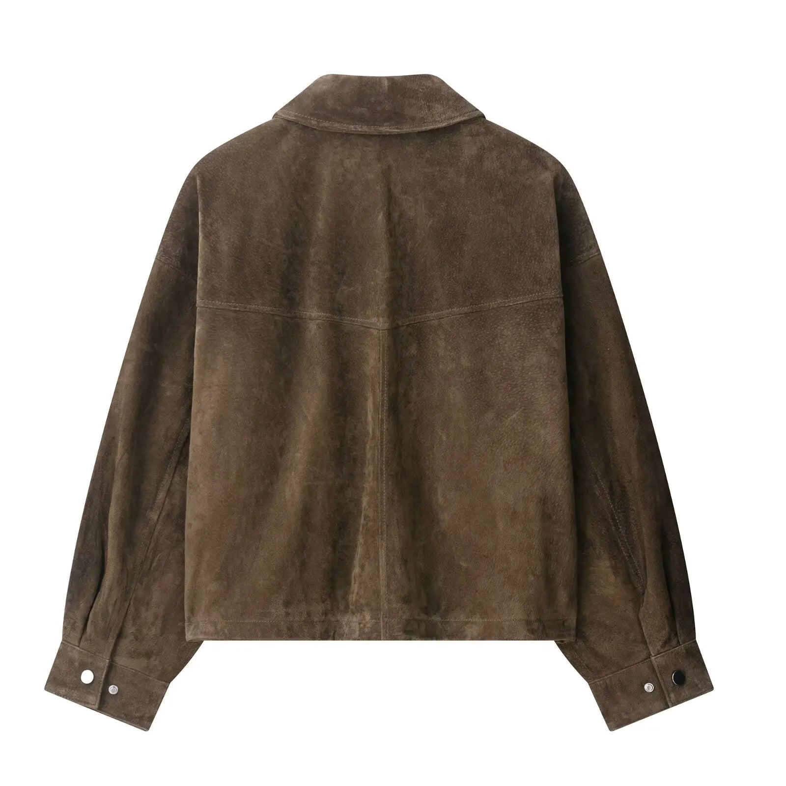 Brown Suede Lapel Zip-Up Jacket