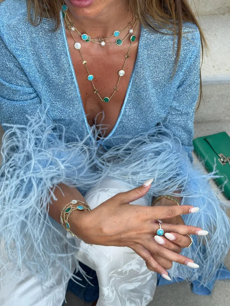 Deep V-neck Long Sleeve Cover-Up
