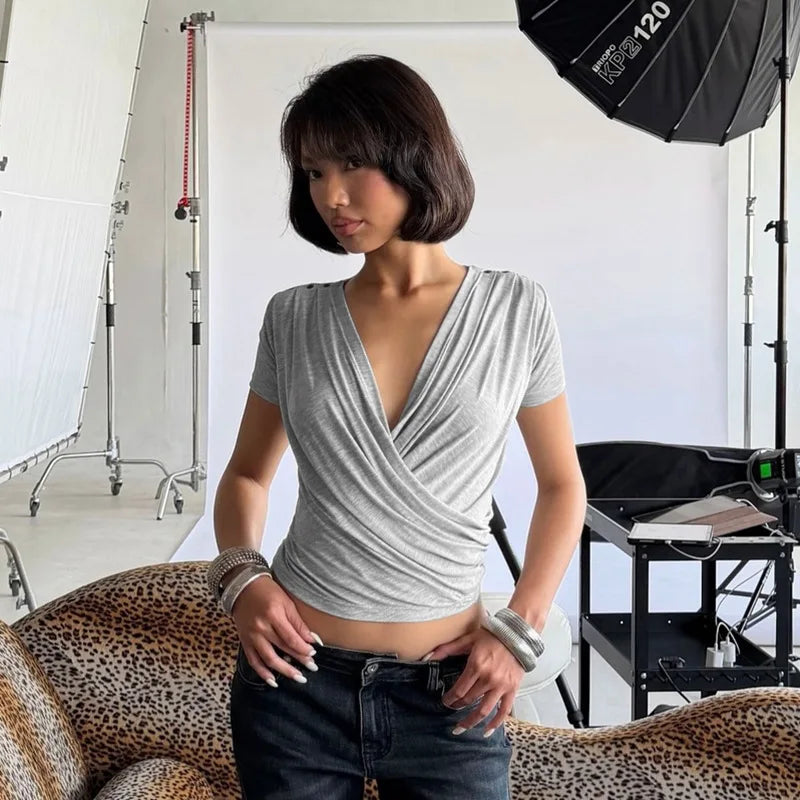 Deep V-Neck Short-Sleeve Top
