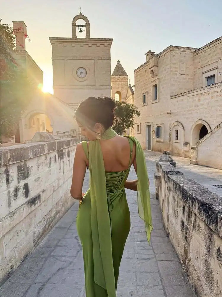 Elegant Satin Ribbon Backless Dress
