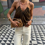 Satin Pleated V-Neck Crop Top
