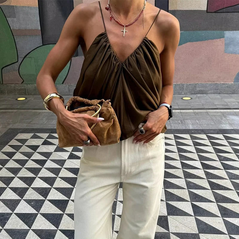 Satin Pleated V-Neck Crop Top