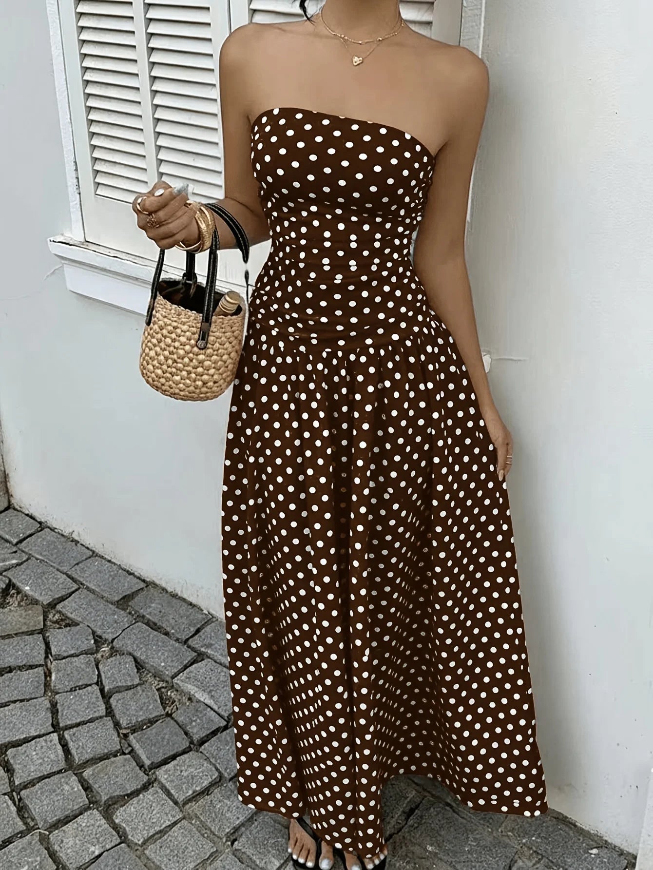 Polka Dot Long Brown Maxi Dress
