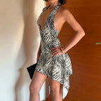 Zebra Print Halter Deep V-Neck Mini Dress
