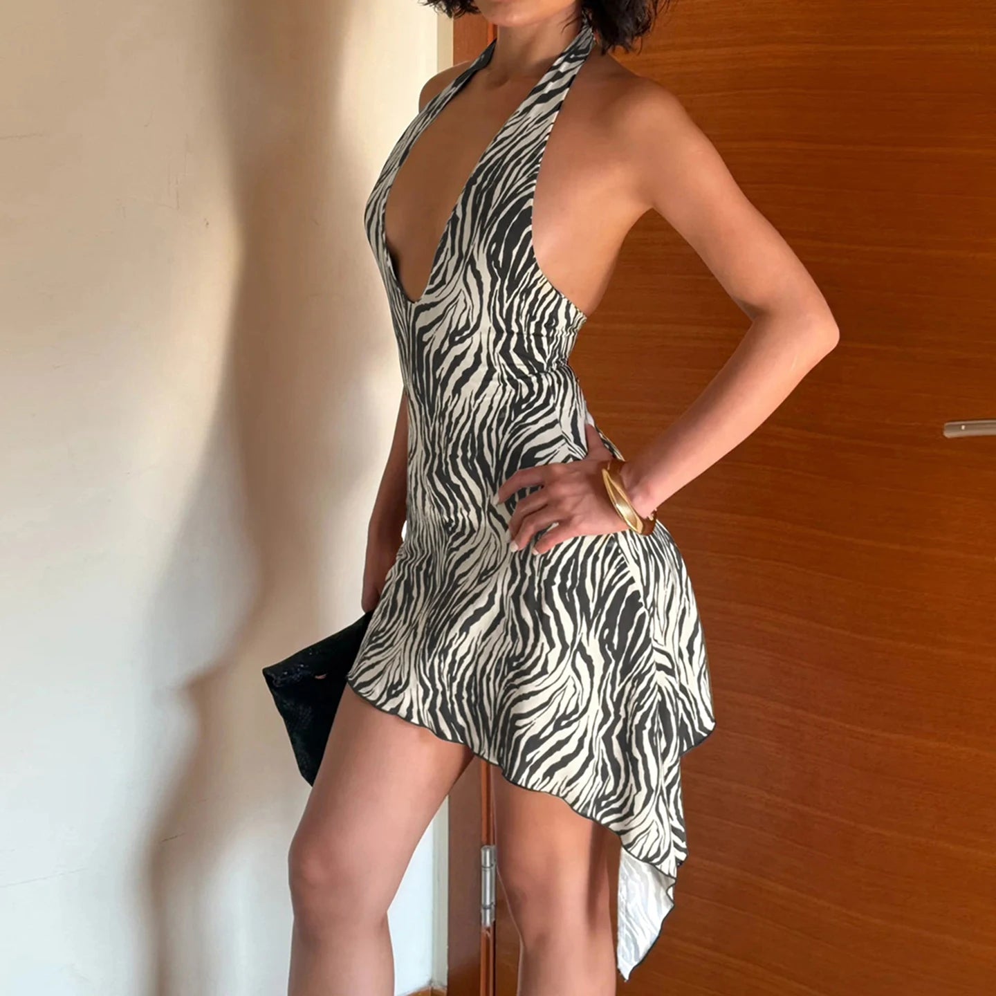 Zebra Print Halter Deep V-Neck Mini Dress