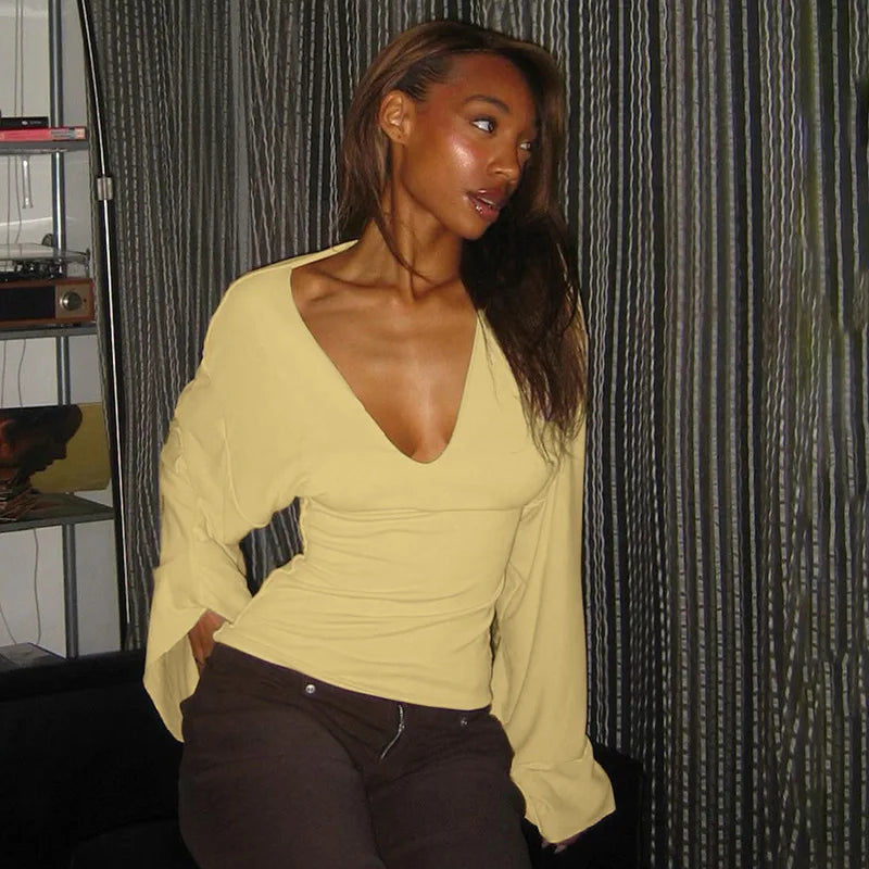 Deep V-Neck Flare-Sleeve Tee