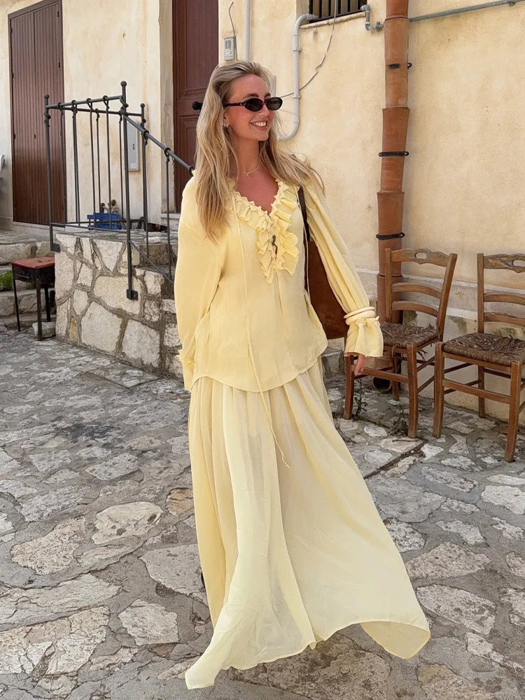 Yellow Lace & Pleated Co-Ord