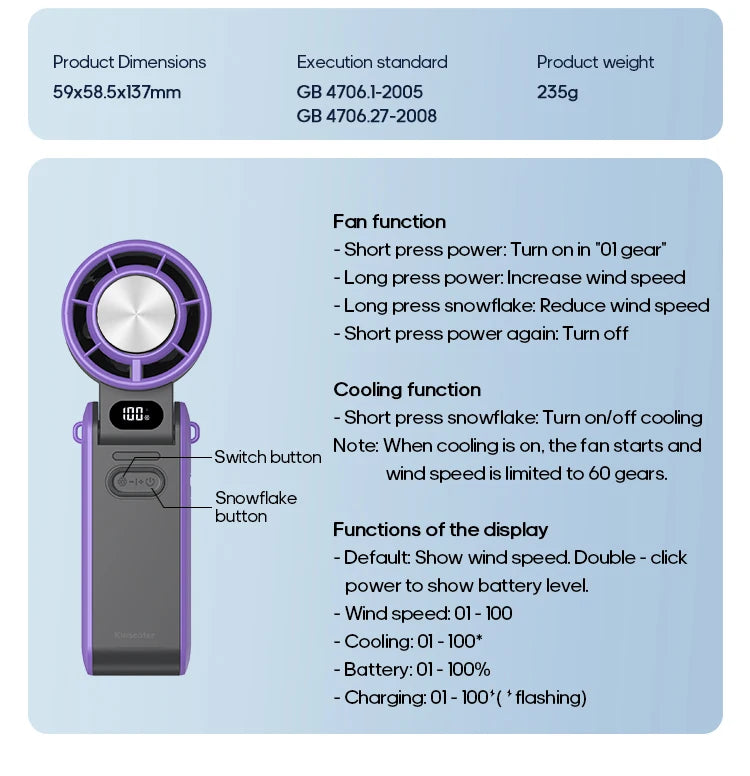 Portable High Speed Cooling Handheld Fan 3600mAh Rechargeable 100 Speed Adjustable Mini Foldable Air Cooling Turbo Fan & Lanyard