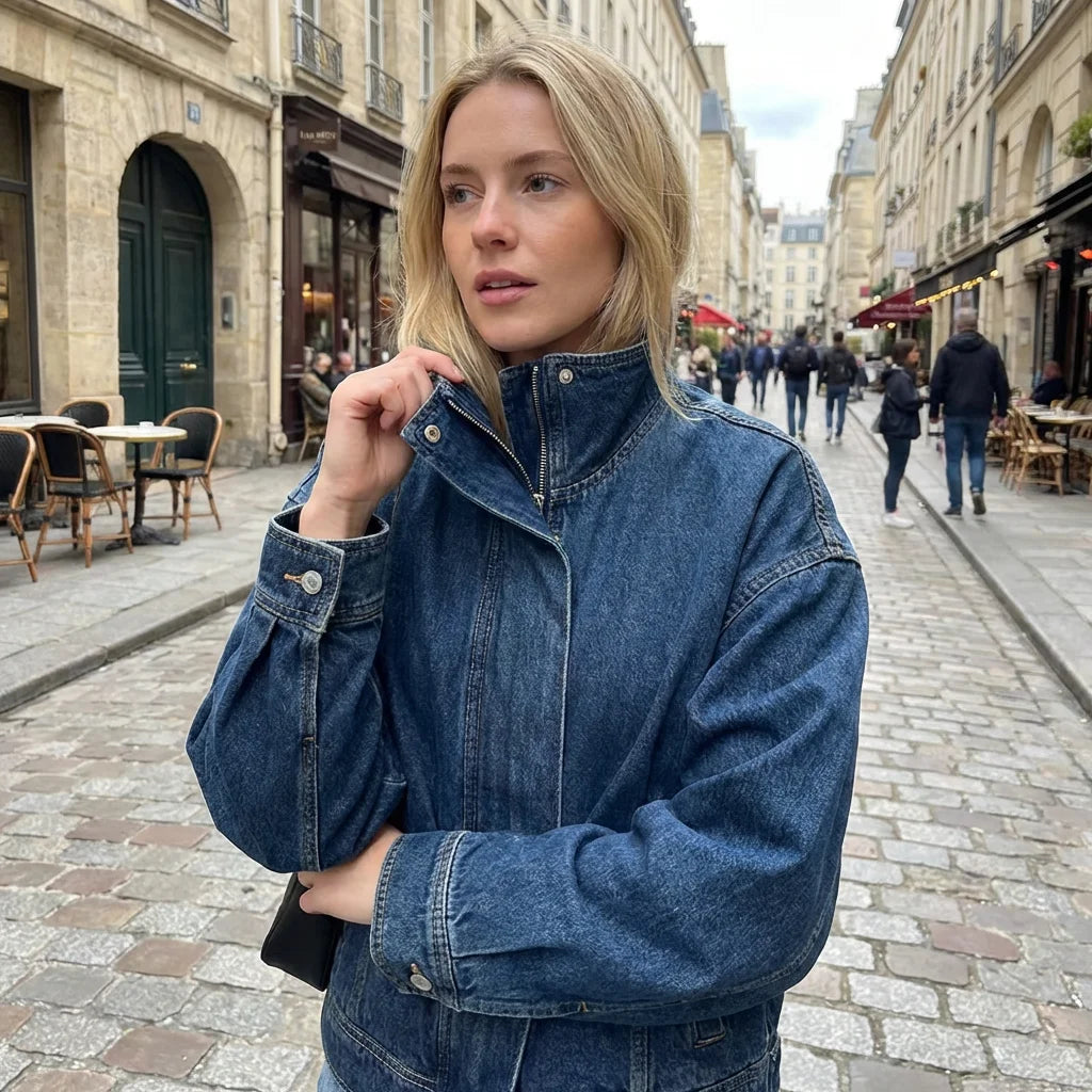Long Sleeve Zip Up Denim Jacket